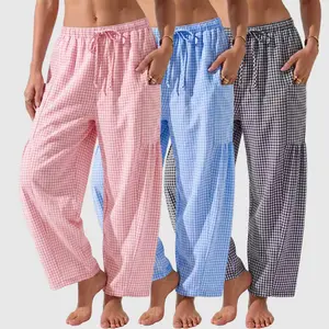Women’s three-piece set featuring ballet-inspired small plaid wide-leg loungewear pants; soft cotton blend long pants with an elastic drawstring waist and side pockets—lightweight, breathable, flowy, loose, and comfortable. Suitable for brunch, going out