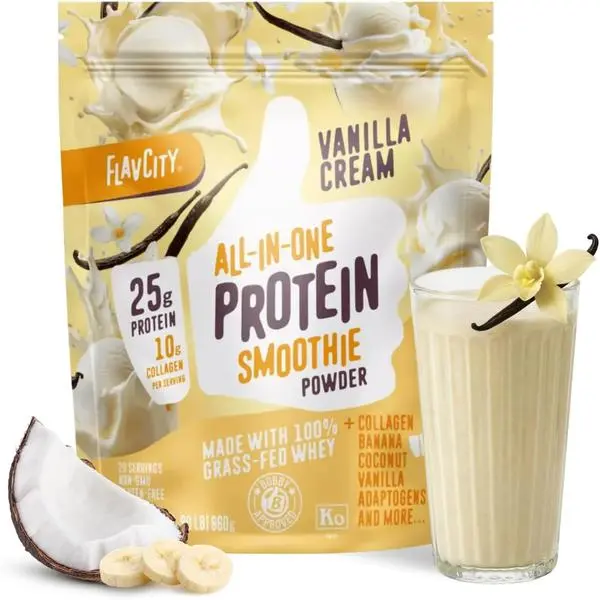FlavCity Vanilla All in One Protein Shake Powder - On the Go Meal Alternative + Collagen Peptides, Reishi & Cordyceps - Focus, Skin, Hair & Joint Support - 100% Grass Fed Whey, 20 Servings