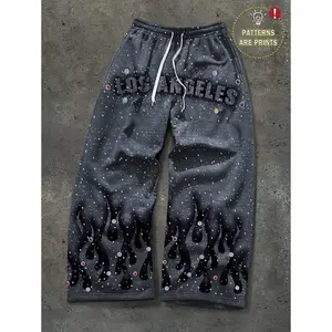 Men's Letter & Flame Print Drawstring Waist Pocket Wide Leg Loose Sweatpants, Emo, 2000s Style