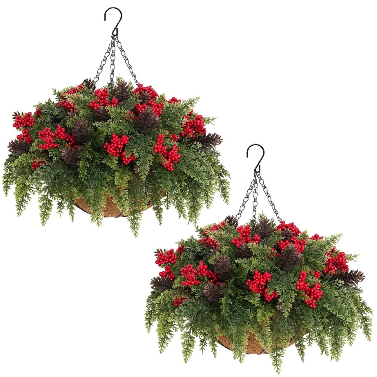 2 Pcs Artificial Christmas hanging flower basket featuring red berries and greenery; suitable for Christmas home decor on porches, patios, balconies, and in gardens.
