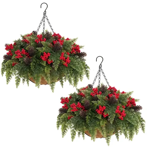 LVZHIYUAN 2-Pack Durable Plastic Waterproof Hanging Flower Baskets with Red Berries, Greenery - Christmas Decorations Party, Yule Christmas Decor, Outdoor Porch Patio Festive Supplies Ornaments