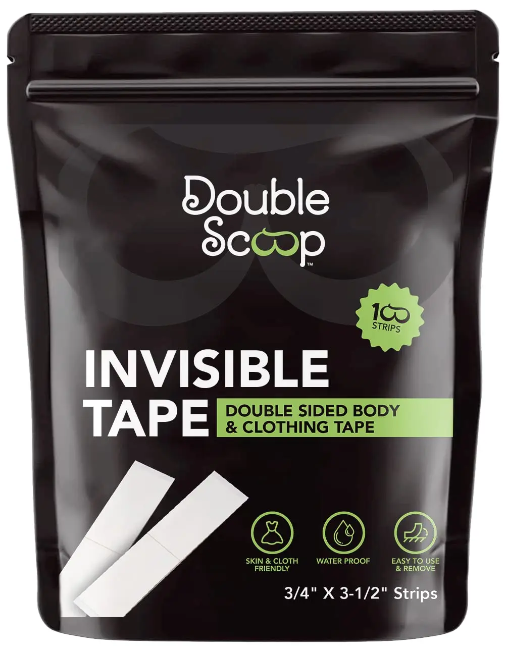 Double Scoop® Double-Sided Clear Body Tape Strips for Fashion (100-Count), Skin-Friendly for Clothing + Shirt + Bra, Invisible Adhesive Fabric Tape, Two-Sided Lingerie Tape for Breasts