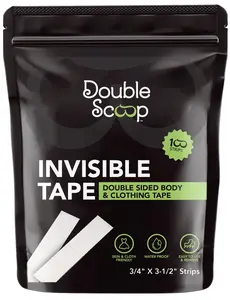 Double Scoop® Double-Sided Clear Body Tape Strips for Fashion (100-Count), Skin-Friendly for Clothing + Shirt + Bra, Invisible Adhesive Fabric Tape, Two-Sided Lingerie Tape for Breasts