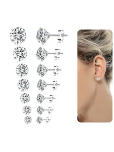 7 Pairs 18G 20G Stainless Steel Stud Earrings Round Cubic Zirconia Barbell Earring Set For Men Women 2MM-8MM Silver Tone Earring Stacking Set