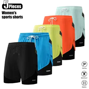 Set of 5 women’s high-stretch sports shorts — lightweight, quick-dry fitness shorts with elastic waistband and drawstring, non-see-through running, yoga, and cycling pants