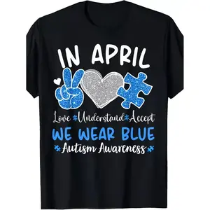 Autism Awareness April - In April We Wear Blue T-Shirt - Heavyweight 220GSM Cotton Tee - Puzzle Piece & Peace Sign Design - Autism Shirt for Men, Women