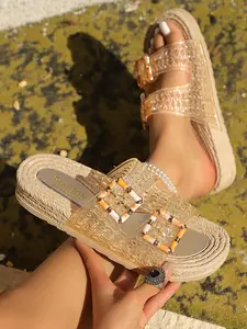Women's Summer Fashion Transparent Buckle Sandals, Comfortable Hemp Rope Sole, Soft Thick Bottom, Anti-Slip Beach Slippers