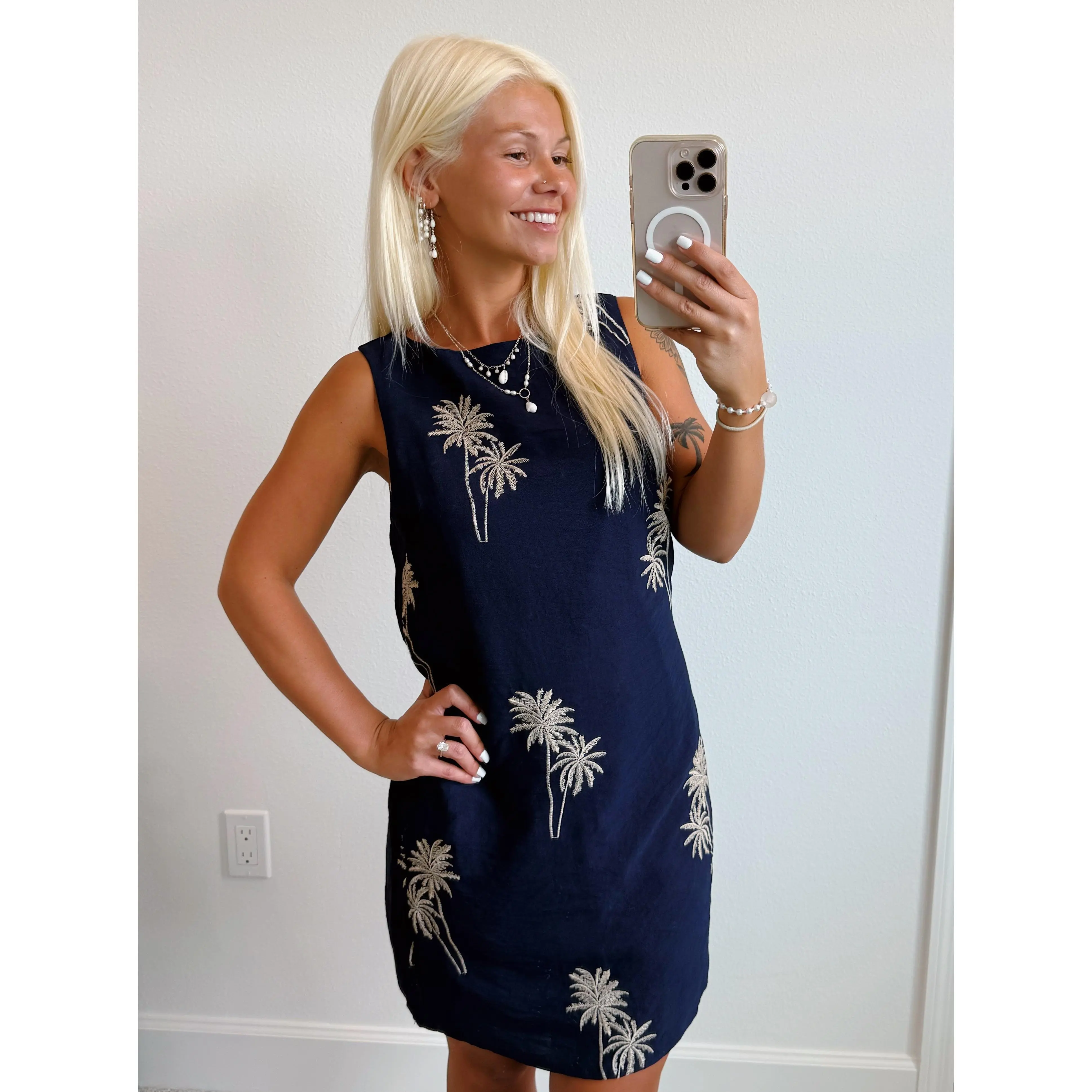 Navy Palm Tree Shift Dress