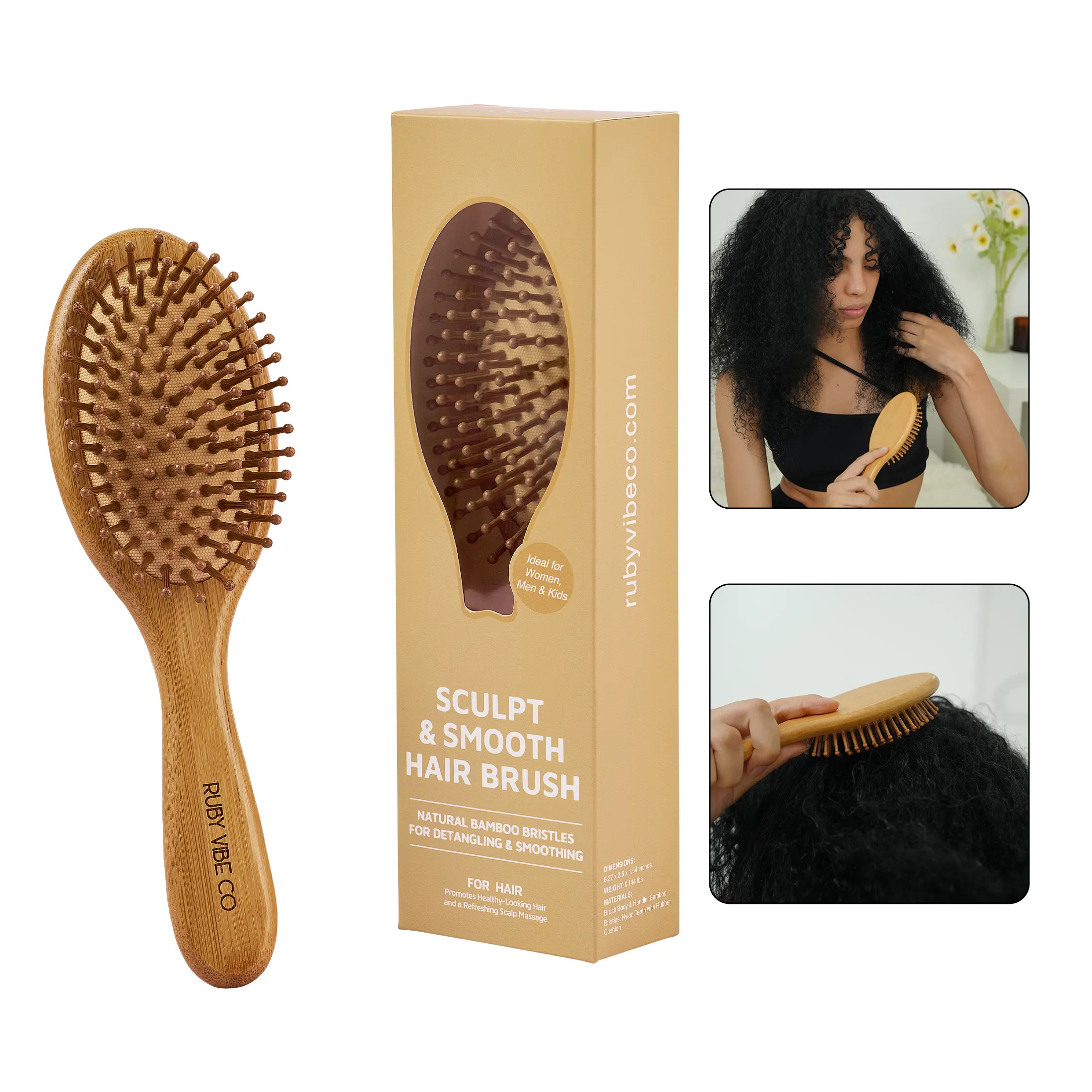 [RUBY VIBE CO] Sculpt & Smooth Hair Brush with Natural Bamboo Bristles for Hair Growth Scalp Massage & Detangling