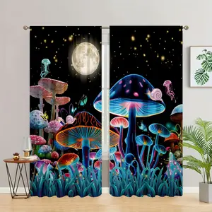 2pcs Mushroom Printing Curtain Rod Pocket Curtain Suitable For Kitchen Bedroom Study Cafe Living Room Home Decor