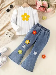 Two-piece Set Girl's Flower Girl Print Long Sleeve Tee & Denim Print Flare Leg Pants Set, Cute Casual Round Neck Striped Top & Bell Bottom Trousers for Daily Wear, Kids Clothes for Spring & Fall