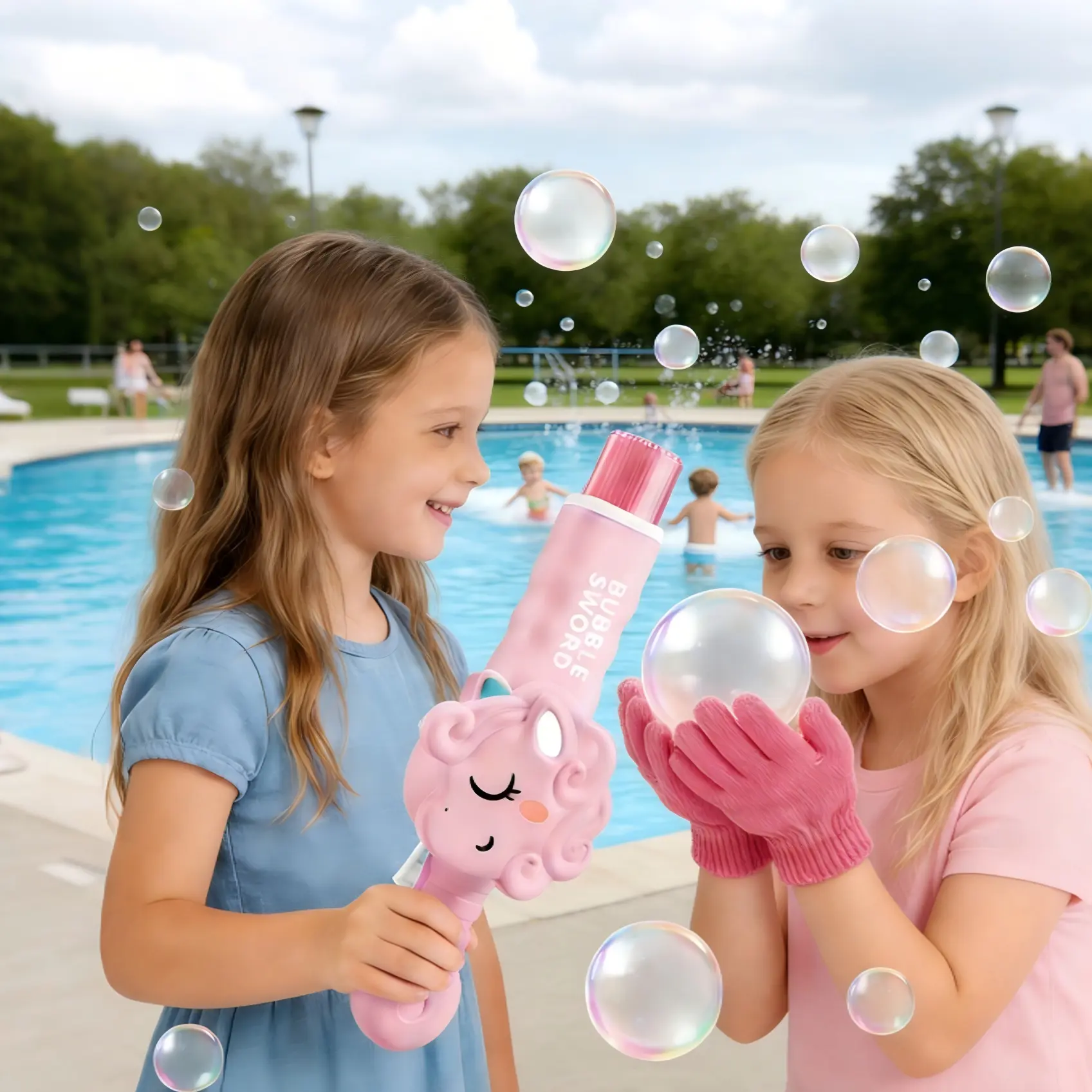 Rechargeable Automatic Electric Outdoor Handheld Fog Bubble Machine with Magic Gloves, LED Lights, Bubble Solution - Fun Summer Toy for Parties, Beaches, Outdoor Bubble Machine, Handheld Bubble Machine