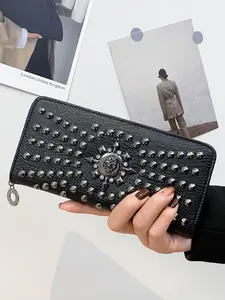 Women's Fashion Studded & Skull Decor Long Wallet, Casual Multi-functional Zipper Wallet, Trendy Versatile High-quality Daily Wallet for Women