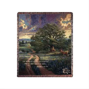 212 MAIN Rectangular Cotton Fiber Jacquard Weave Tapestry Throw Blanket - Light, 50x60 in, Deer & Landscape Design with Verse, Colorful Fringe, Machine Washable, Decor-Friendly