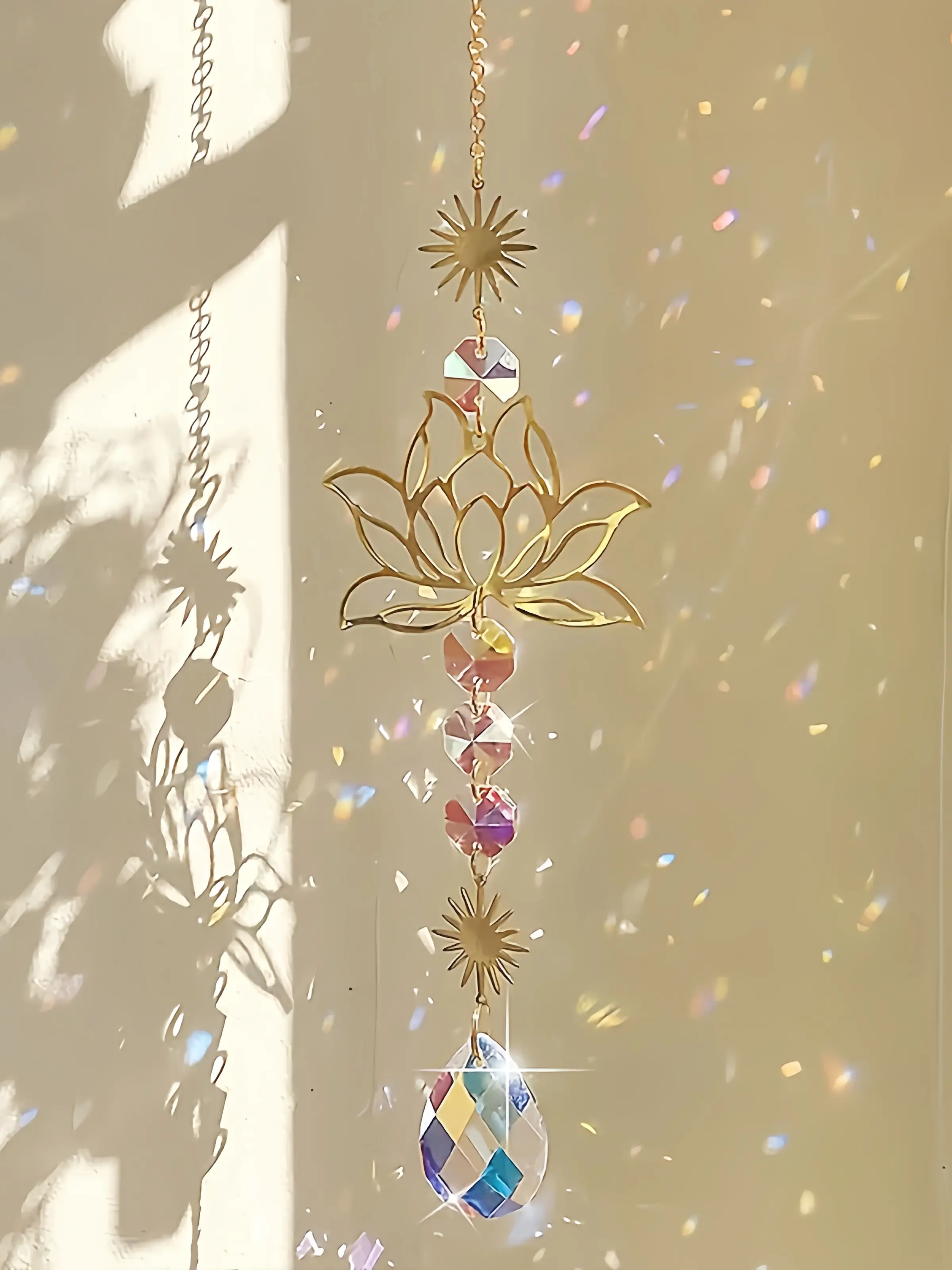 Lotus Crystal Wind Chime, Guardian and Prosperity Charm, Sun Catcher Decor for Office, Home, Garden, Yard, Holiday Gift Hanging Ornament.