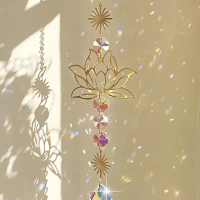 Lotus Crystal Wind Chime, Guardian and Prosperity Charm, Sun Catcher Decor for Office, Home, Garden, Yard, Holiday Gift Hanging Ornament, Creative Home Decor