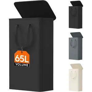 65L Slim Laundry Hamper, Small Laundry Basket with Lid, Dirty Narrow Collapsible Clothes Storage with Easy Carry Extended Handles, Tall Hampers for Bedroom Laundry Room, Black, 1 Pack