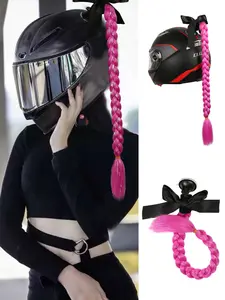 Lehanhair 20 Inch Colorful Glitter Bow Decor Hair Braids, Ombre Color Helmet Hair Extensions, Helmet Braids with Detachable Suction Cup, Motorcycle Helmet Braided Ponytails Synthetic Braiding Hair, Synthetic Hair Piece