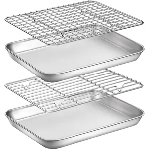 Baking Sheet with Rack Set,  Set of 4 (2 Sheets + 2 Racks), Stainless Steel Cookie Sheet Baking Pan Tray with Cooling Rack, Non  & Heavy Duty & Easy Clean - Size of 9 inch