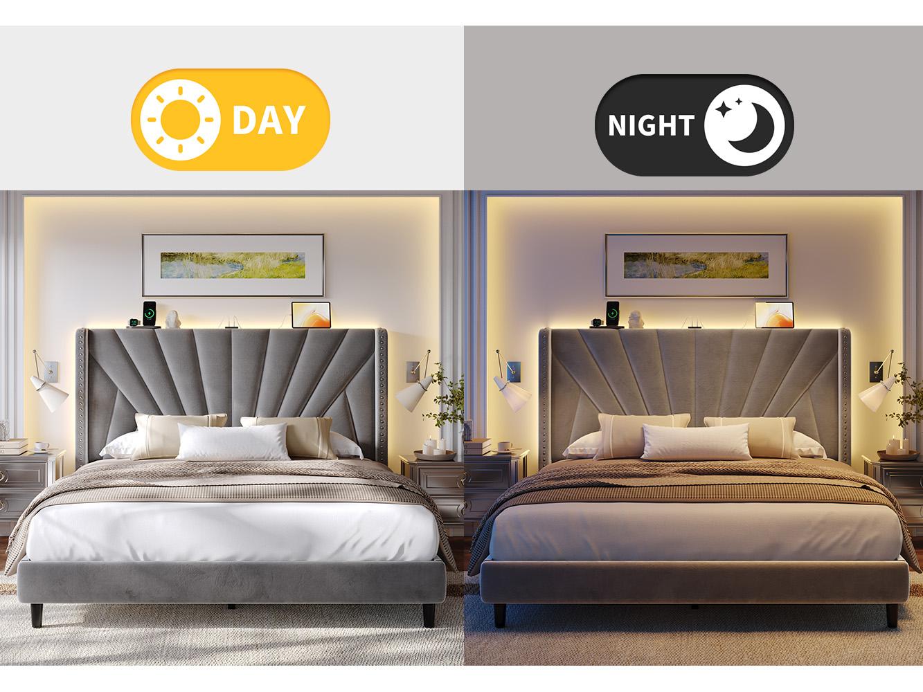 Raybee Furniture Queen Velvet Upholstered Bed Frame with 51" Tall Headboard, NO MATTRESS, Upholstered Bed Frame, King Size with LED Lights and Charging Station, Sturdy Wood Slat, Easy Assembly, No-Noise, Gift for Moving House [Black Friday]