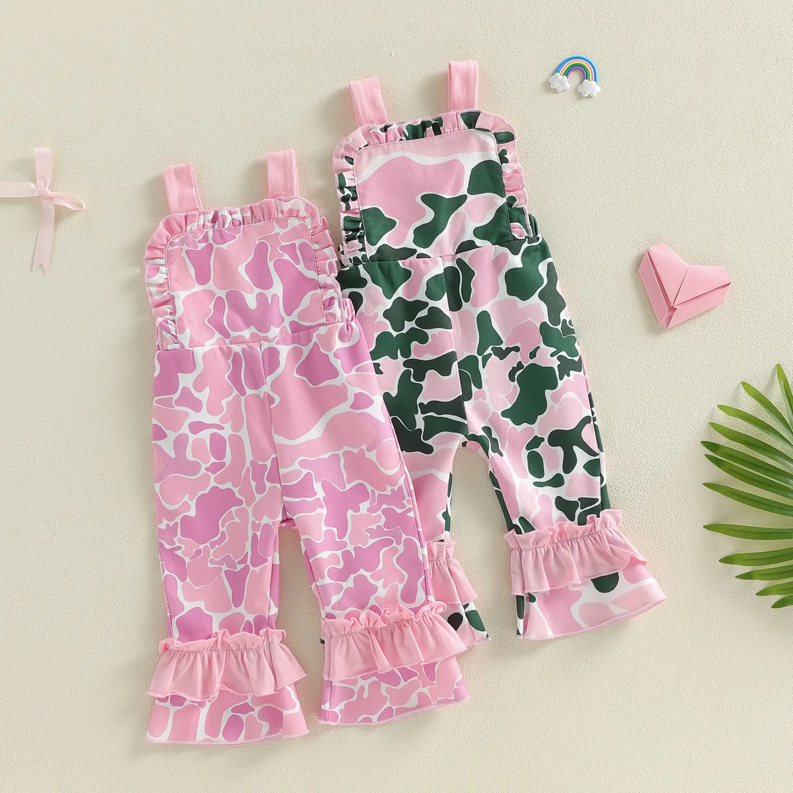 Little Girls Summer Cami Jumpsuit Sleeveless Camouflage Suspender Flared Pants Overalls Girl's Striped Bell Bottom Overalls