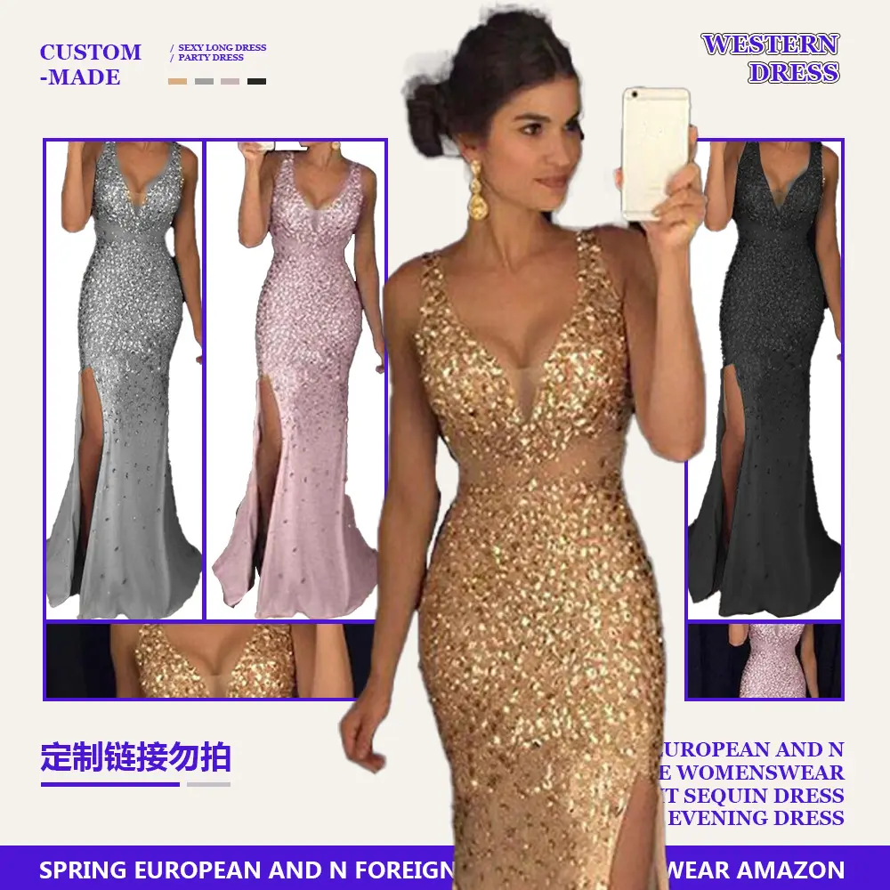 Customized small batch 2025 spring new European and American foreign trade women's clothing slit sequin dress long skirt evening dress