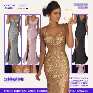 Customized small batch 2025 spring new European and American foreign trade women's clothing slit sequin dress long skirt evening dress
