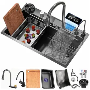 Modern 33x22 Inch Black Nano Drop In Waterfall Workstation Single Bowl Kitchen Sink with Pull Down Sprayhead Faucet LED TEMP Display & Cutting Board