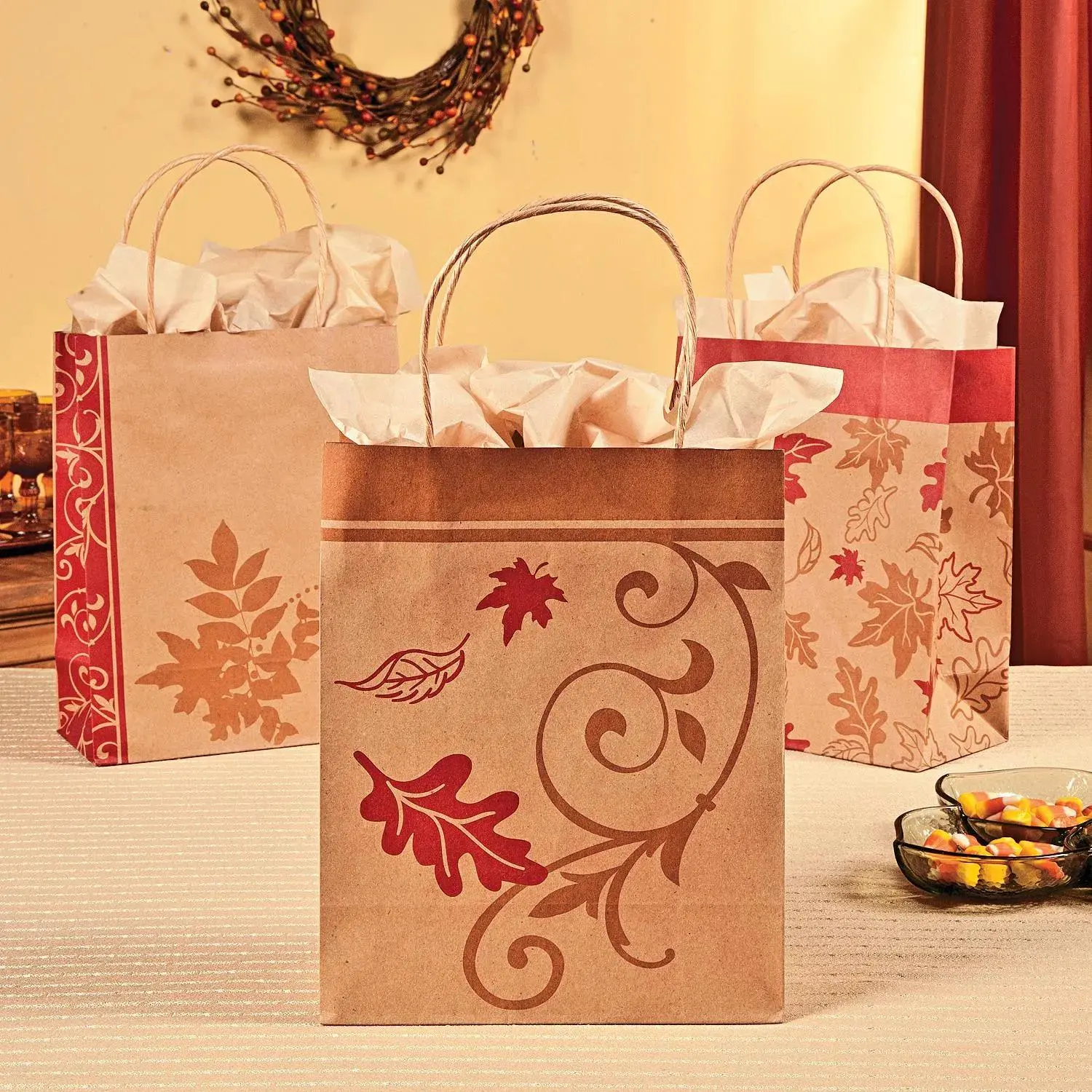 7 1/4" x 9" Medium Fall Kraft Paper Gift Bags - 12 Pc.