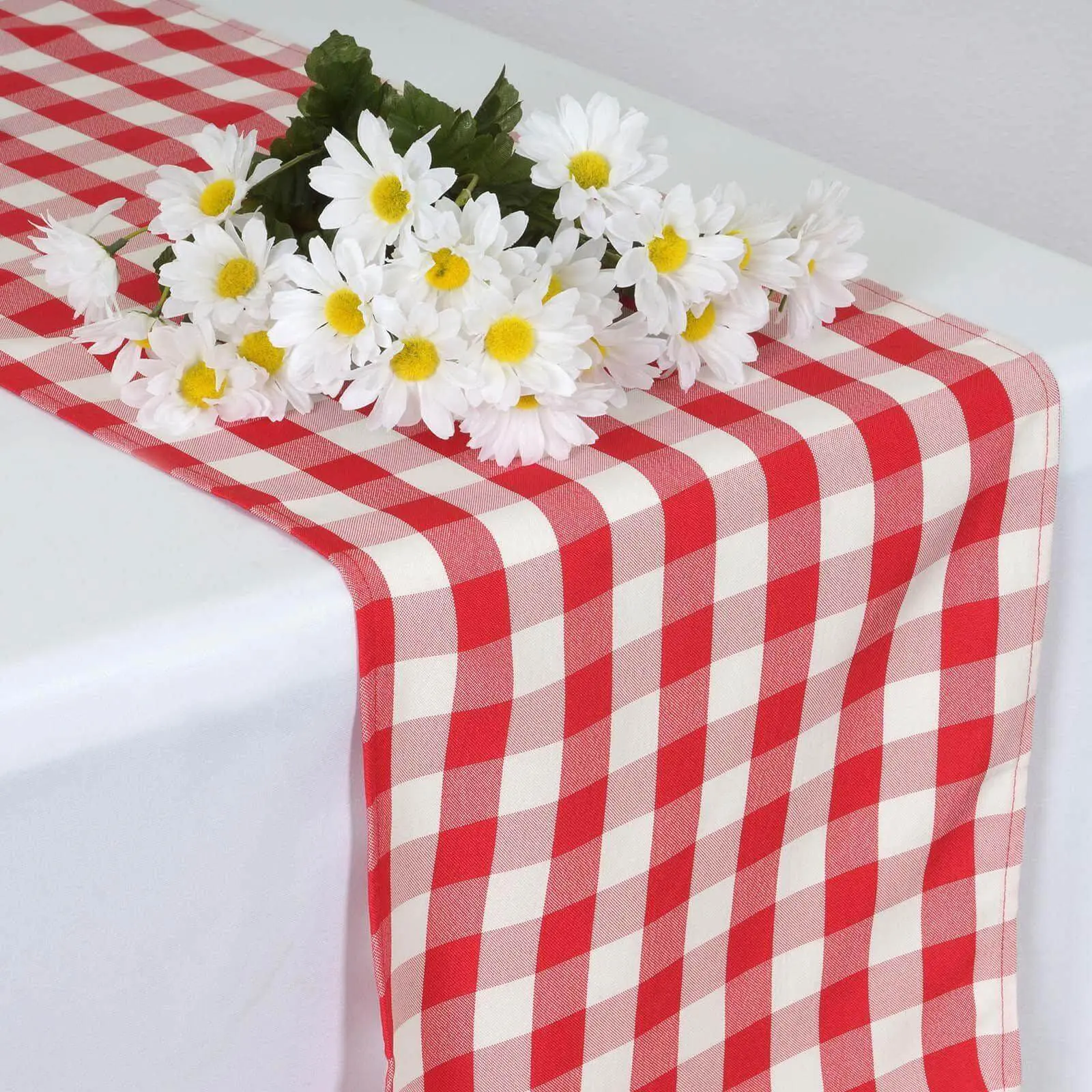 Polyester Table Runner, 14"x108" Red-White Gingham Plaid, Machine Washable Kitchen Linen for Banquet Table Setting, Wedding Events, Restaurants