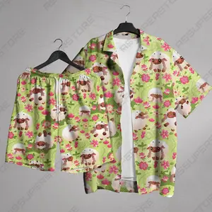 Cute Fluffy Sheep Floral Hawaiian Shirt Shorts Set Men Women Kawaii Sleeping Lamb Pink Blossom Green Print Loose Aloha Beach Outfit Summer Vacation Cottagecore Co-ord