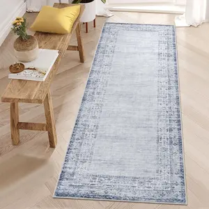 【Christmas Gift】2 x 6 ft Polyester Light Blue Rectangular Indoor Laundry Bathroom Kitchen Distressed Floral Print Vintage Machine Washable Runner Rug