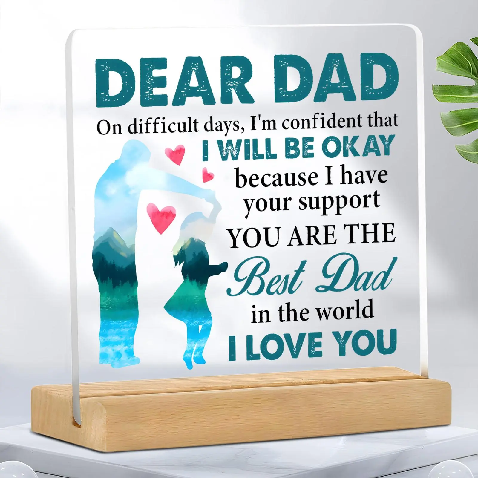 Acrylic Desktop Plaque with Wooden Base, Creative Letter Pattern Ornament, Desktop Decoration for Home Office, Gift for Dad, Home Decor Gifts