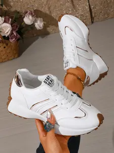 Women's Thick Sole Rubber Agan Training Shoes, New Summer Casual Patchwork Sneakers, Round Toe PU Leather, Medium Width, All Seasons