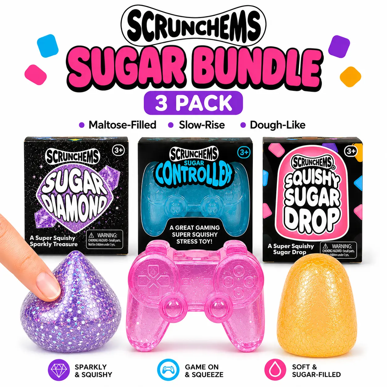Scrunchems Sugar Squish 3-Pack Bundle, Diamond, Drop & Gaming Controller Squishy Fidget Toys, Slow-Rise Gel-Filled Sensory Stress Relief Toys, ASMR Desk Fidgets, Assorted Colors, Ages 3+