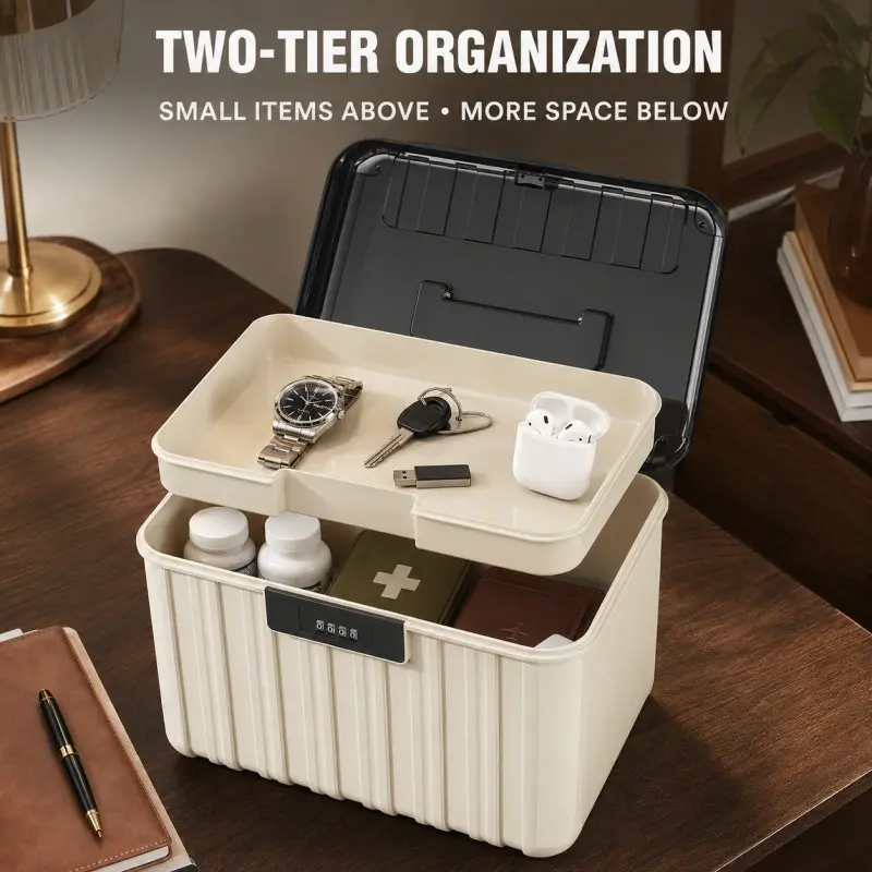 Single-pack lockable document organizer, double-layer combination lock organizer, portable privacy and security organizer, suitable for wallets, watches, keys, home and office personal items, striped plastic organizer, beige/black.