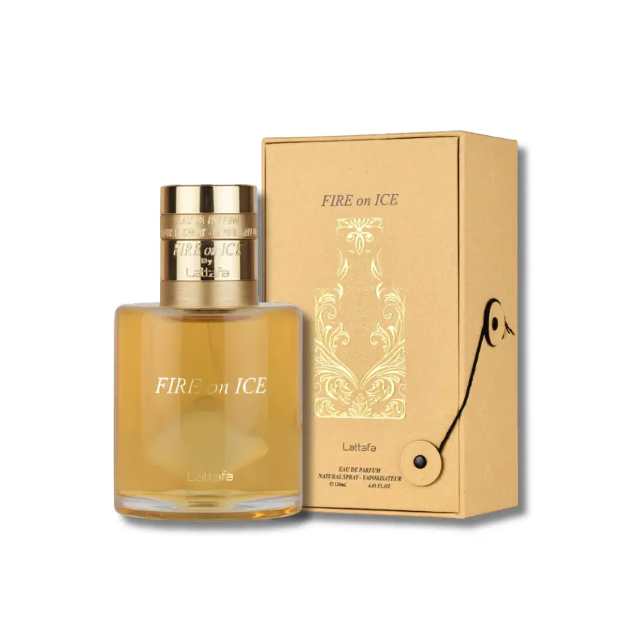 Lattafa Fire On Ice Eau de Parfum, Amber Vanilla & Caramel Perfume for Adults, Long-Lasting Aromatic Woody Unisex Fragrance with Cognac Notes, 3.4 fl oz EDP Spray, Caramel Perfumes, Oriental, Vanilla Scents, Frosted Rose Heart, Day/Night, Bottle