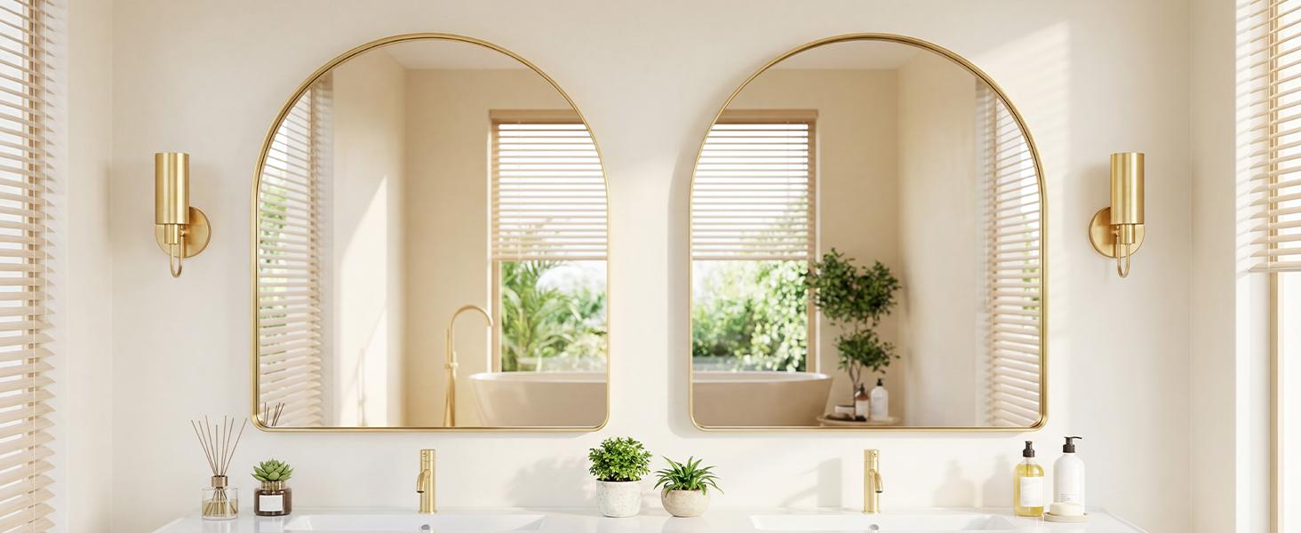 Luxury Arched Bathroom Mirror - Arch Wall Mirror with Shatterproof Tempered Glass and Metal Deep Frame, Hanging or Leaning for Living Room, Dresser, Entrance and Hallway