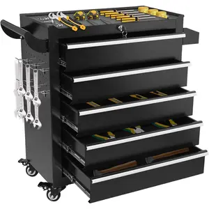 5 & 7 Drawer Rolling Tool Cabinet on Wheels, Secure Key Lock Tool Chest, Brake Casters, Side Pegboard, Durable Powder‑Coated Black Finish, Garage Workshop Storage Organizer(Assembly Required)