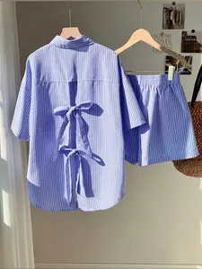 Two-piece Set Women's Striped Print Bow Back Top & Shorts, Casual Button Top & Shorts for Summer, Ladies Clothes for Vacation Holiday