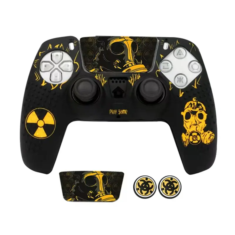 Silicone Rubber Back Dots Carving Customizing Skin Cover for PS5 Controller x 1(Radiation Yellow) with Pro Thumb Grips x 2，Robot Sticker x 1，ps5 controller cover  controller accessories，ps5 controller skins，The Ultimate Gaming Experience. gear
