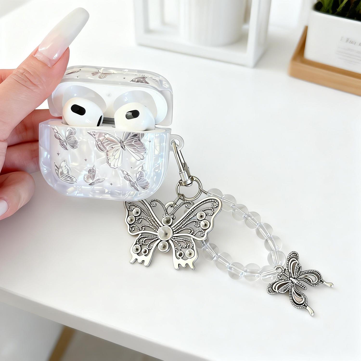 [Free!!Ship!] Butterfly Earphone Case for AirPods 4 Pro 3 2 1 Cute Pearl Shell Design Case with Butterfly Lanyard Shockproof Protective Cover Ideal Gift for Women Girl