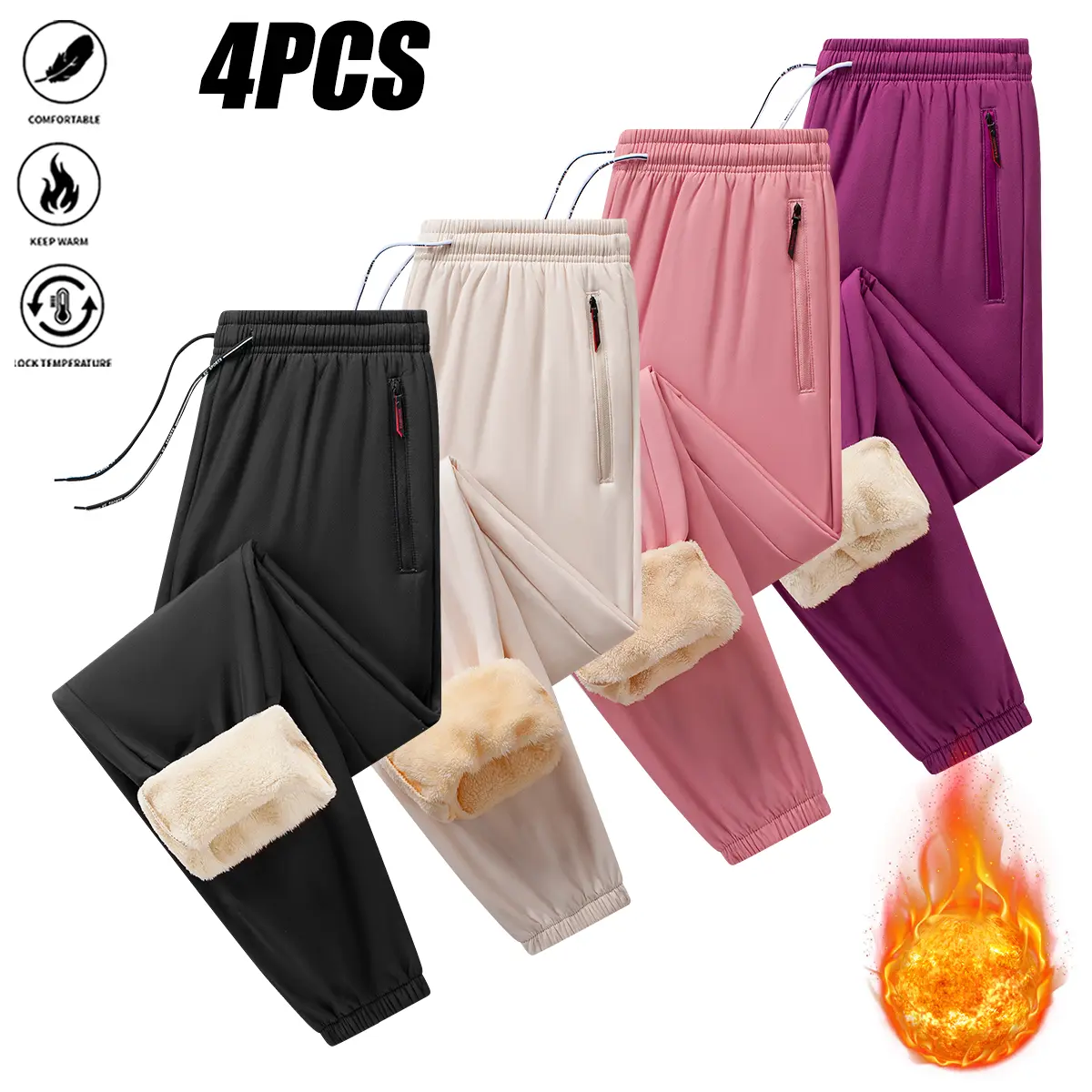 JOGWAVE 4PCS Women’s Polyester Windproof Insulated Fleece-Lined Winter Tapered High-Waisted Athletic Chic Jogging Pants - Elastic Drawstring Waistband, Zippered Safety Pockets, Suitable for Commuting, Outdoor Activities