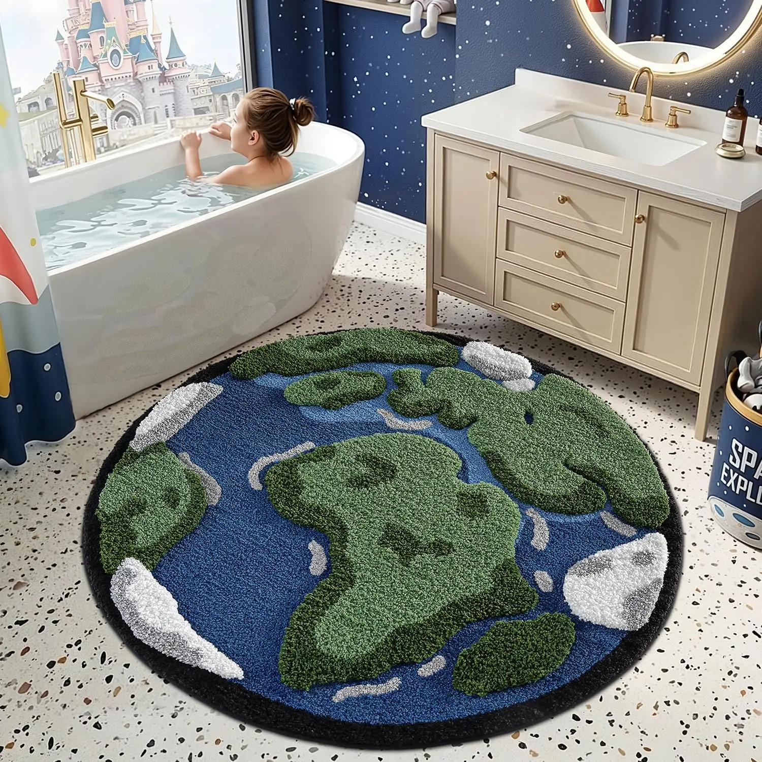 LUMI 4ft Round High-Pile Earth Bathroom Rug - Non-Slip, Absorbent, Ultra-Soft Microfiber Moss Bath Mat, Washable Area Rug for Shower, Sink, Kids Room