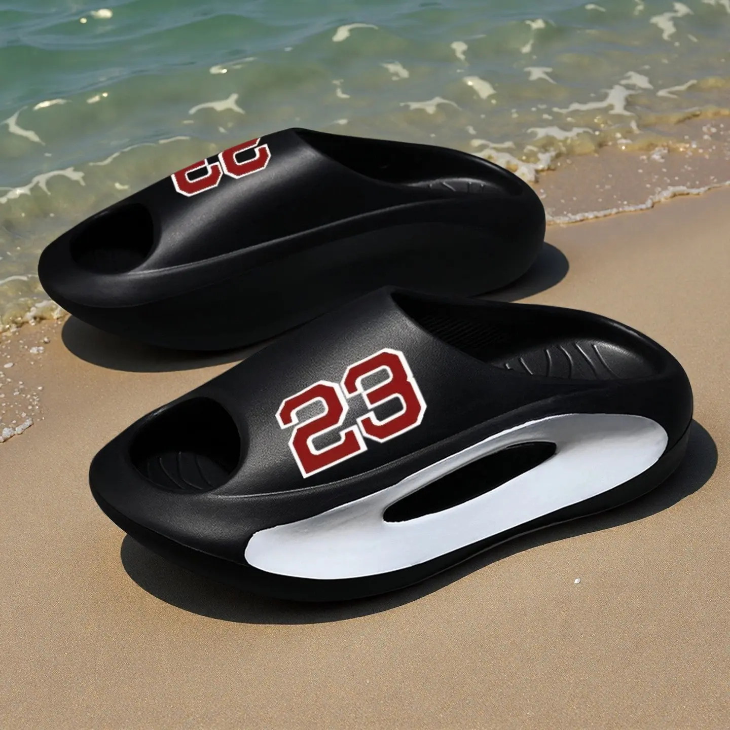 Unisex Casual Cloud Slides with Letter Detail, Thick Cushioned EVA Sole, Lightweight and Flexible Slip On for Indoor Outdoor Wear