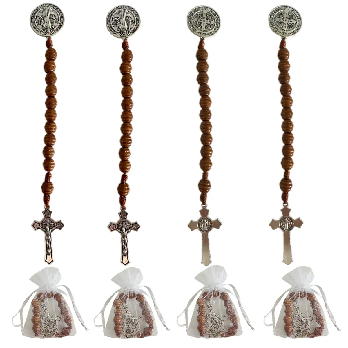 Catholic Brown Wood Beads Rosary Necklace - Saint Benedict Medal, Prayer Pocket Ready, Wooden Cross Crucifix, 4 Organza Bags, Cross Decorations, Sacred Medal Gift for Baptism Benedict Protection, Religious Decorations, Bagged