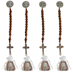 Baptism Favor Saint Benedict Medal Prayer Pocket Memorial Rosary, Catholic Brown Wood Beads Crucifix Organza Bags Easter Day Gifts for Faithful Spiritual Protection