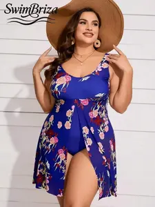 Briza｜Swimdress One Piece Swimsuit In Royal Blue Floral Plus Size Swimwear Bathing Suit With Flowy Skirt For Plus Size Swimsuits And Bathing Suits For Women With Tummy Control Swimsuits For Women For Vacation Swimwear For Women