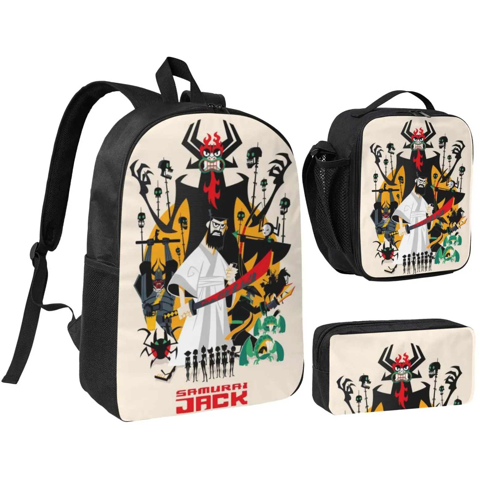 Ultra Light Samurai jack School Daypack 3pcs Stylish Spanish Players Backpack Set with Insulated Lunch Bag & Pencil Pouch Hot Trend Samurai jack merch Backpack for Travel, Outdoor & Back to School Gifts