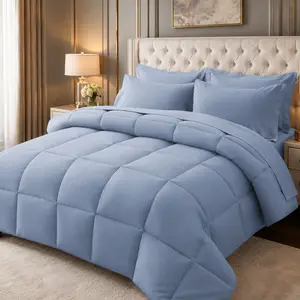 【Deals For You Days】 Soft Microfibre Bedding Comforter Set, 2-Piece/3-Piece Solid Blue All Seasons Bedding Decor, Twin/Queen/King Sizes (Comforter Set King Included)
